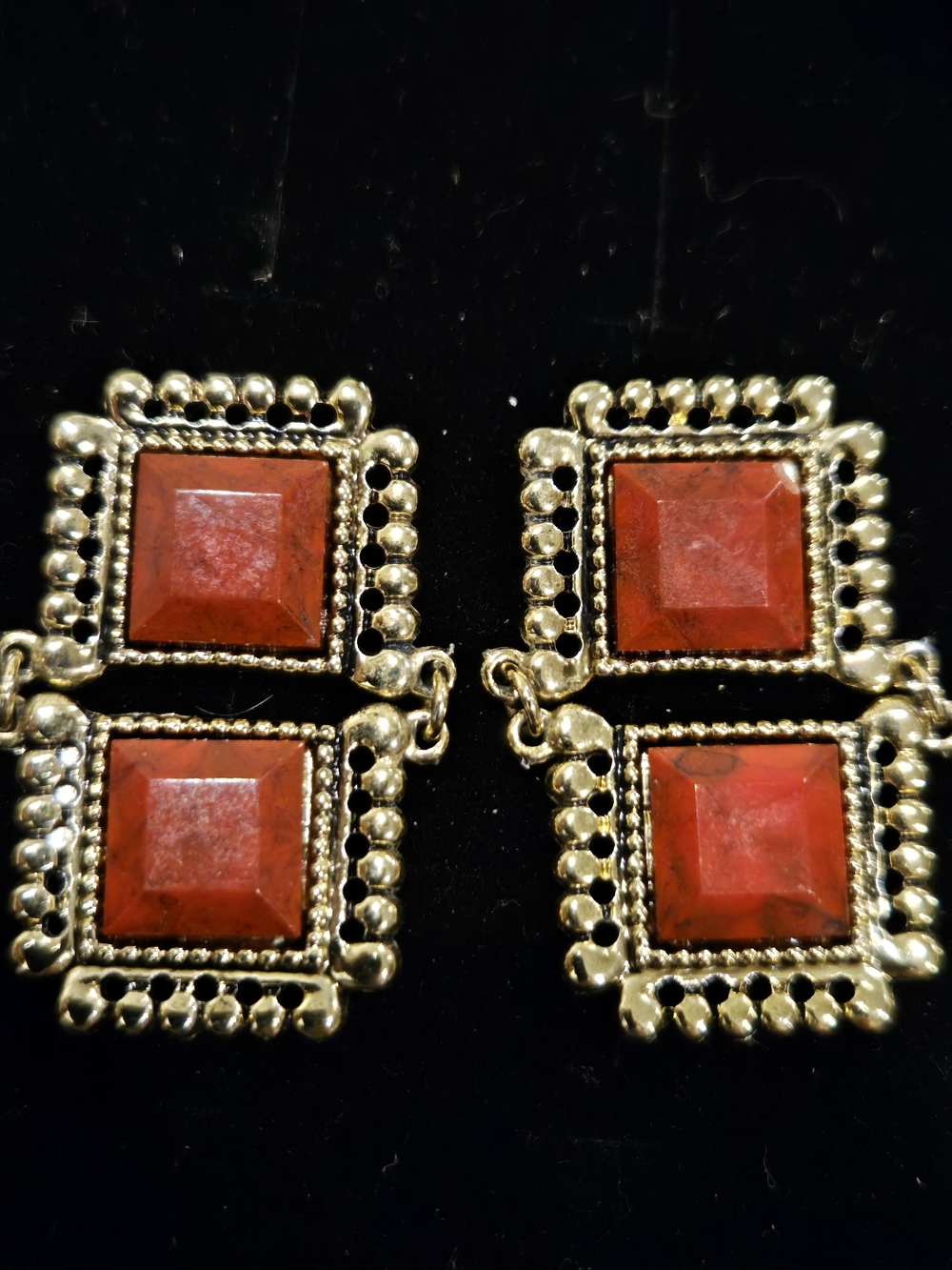 Gold-Tone Earrings with Red Faceted Faux Gemstone Squares